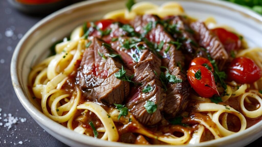 Mediterranean Steak Pasta with Tomato-Olive Sauce: A Flavor-Packed Delight