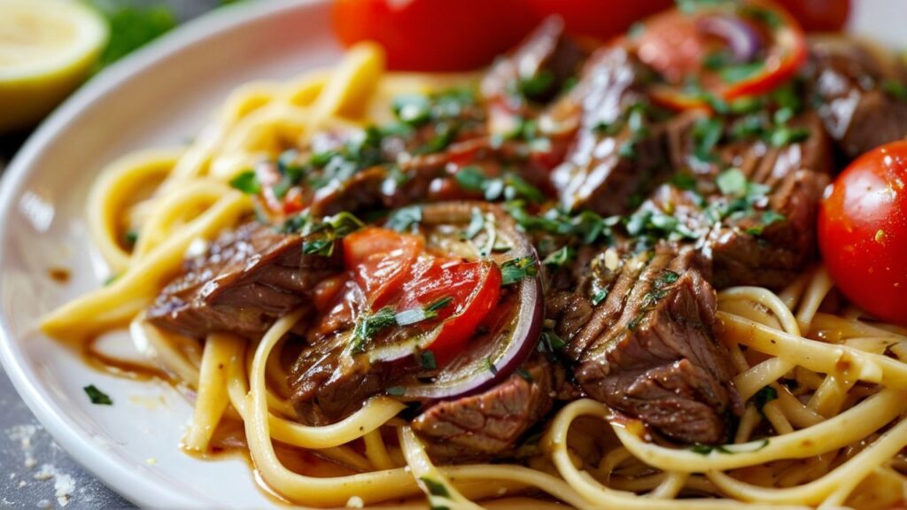 Mediterranean Steak Pasta with Tomato-Olive Sauce: A Flavor-Packed Delight
